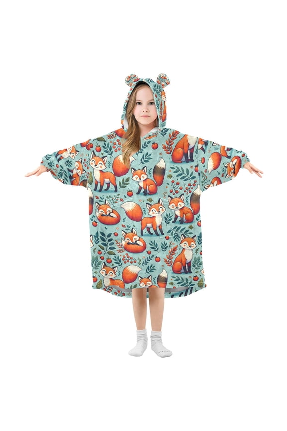 Wearable Blanket Christmas Hoodie for with Funny Foxes Flannel Hooded Blanket with Pockets and Sleeves Suitable