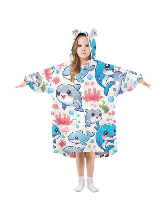 Wearable Blanket Christmas Hoodie for with Sea Animal - Shark and Dolphin Flannel Hooded Blanket with Pockets and Sleeves Suitable
