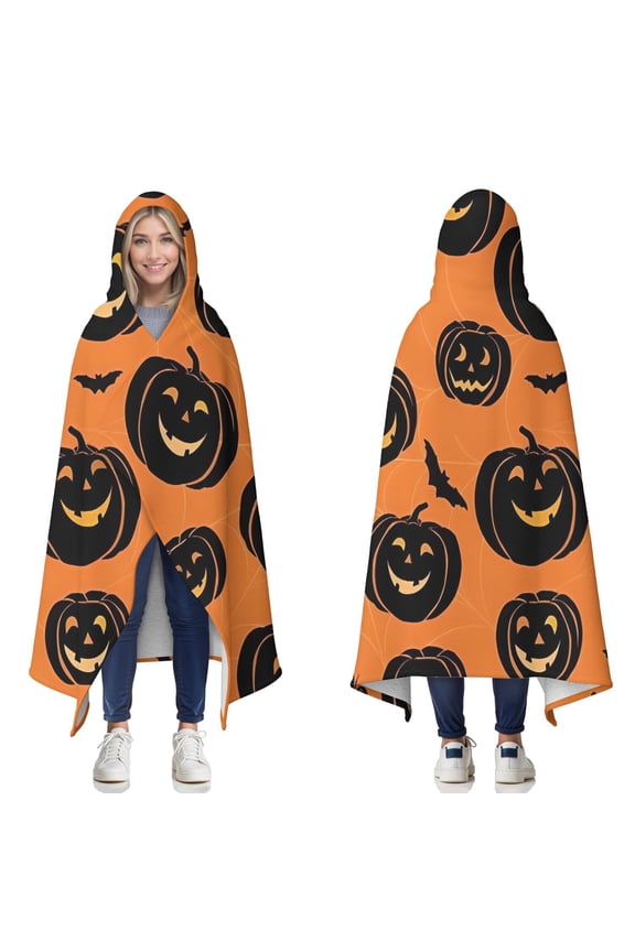 Wearable Blanket,Classic Halloween Pumpkin Pattern Hooded Wearable Sherpa Blanket for Adults & Teens,Winter Poncho Shawl Wrap Cape Thick Warm,60"x80"