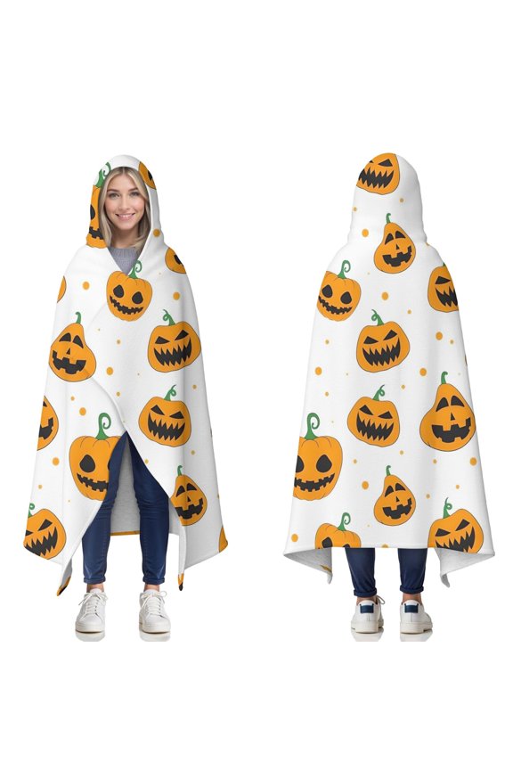 Wearable Blanket,Classic Halloween Pumpkins Pattern Hooded Wearable Sherpa Blanket for Adults & Teens,Winter Poncho Shawl Wrap Cape Thick Warm,60"x80"