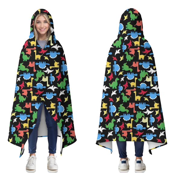 Wearable Blanket,Colorful Cartoon Dinosaurs with ColorBlocks Pattern Hooded Wearable Flannel Blanket for Adults & Teens,Winter Poncho Shawl Wrap Cape Cozy Anti-Pill,50"x60"