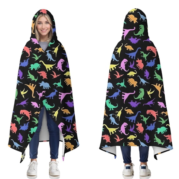 Wearable Blanket,Colorful Cartoon Dinosaurs RainbowColors Pattern Hooded Wearable Flannel Blanket for Adults & Teens,Winter Poncho Shawl Wrap Cape Cozy Anti-Pill,60"x80"