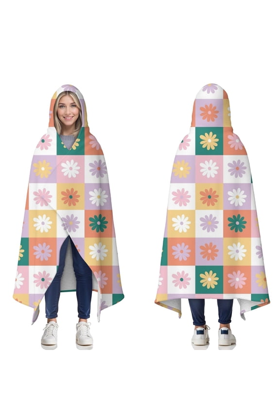 Wearable Blanket,Colorful Daisy Flower Checkered Pattern Hooded Wearable Sherpa Blanket for Adults & Teens,Winter Poncho Shawl Wrap Cape Thick Warm,60"x80"