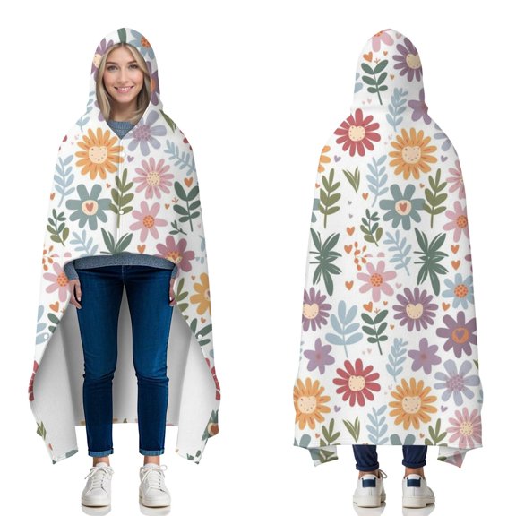 Wearable Blanket,Colorful Daisy Flower Floral Pattern Hooded Wearable Flannel Blanket for Adults & Teens with Buckle,Winter Poncho Shawl Wrap Cape,60"x80"