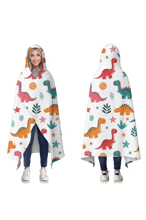 Wearable Blanket,Colorful Dinosaur Pattern with Stars and Shapes Hooded Wearable Sherpa Blanket for Adults & Teens,Winter Poncho Shawl Wrap Cape Thick Warm,60"x80"