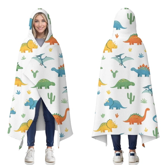 Wearable Blanket,Colorful Dinosaurs Cacti Pattern Hooded Wearable Flannel Blanket for Adults & Teens,Winter Poncho Shawl Wrap Cape Cozy Anti-Pill,50"x60"