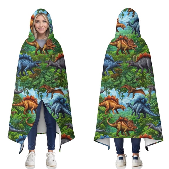 Wearable Blanket,Colorful Dinosaurs Jungle Scene Pattern Hooded Wearable Flannel Blanket for Adults & Teens,Winter Poncho Shawl Wrap Cape Cozy Anti-Pill,60"x80"