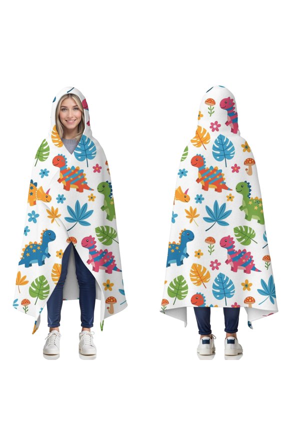 Wearable Blanket,Colorful Dinosaurs Leaf White Pattern Hooded Wearable Flannel Blanket for Adults & Teens,Winter Poncho Shawl Wrap Cape Cozy Anti-Pill,60"x80"