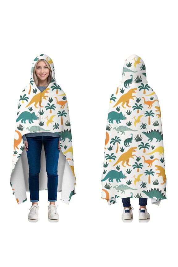 Wearable Blanket,Colorful Dinosaurs Palm Trees Pattern Hooded Wearable Flannel Blanket for Adults & Teens with Buckle,Winter Poncho Shawl Wrap Cape,50"x60"
