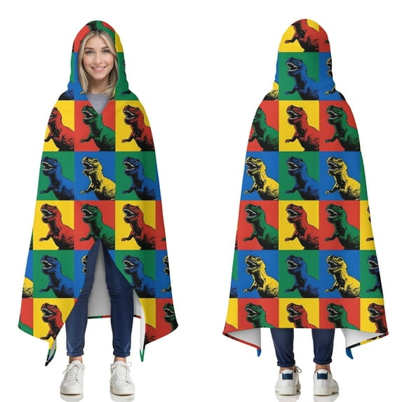Wearable Blanket,Colorful Dinosaurs Pop Art Square Pattern Hooded Wearable Flannel Blanket for Adults & Teens,Winter Poncho Shawl Wrap Cape Cozy Anti-Pill,60"x80"