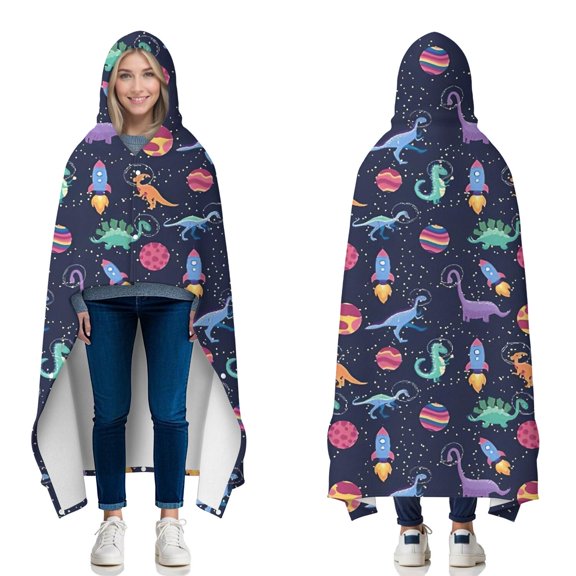 Wearable Blanket,Colorful Dinosaurs Rockets Pattern Hooded Wearable Flannel Blanket for Adults & Teens with Buckle,Winter Poncho Shawl Wrap Cape,60"x80"