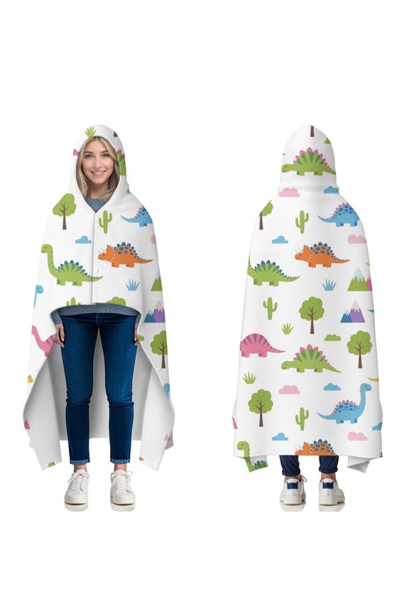 Wearable Blanket,Colorful Dinosaurs Trees Mountains Pattern Hooded Wearable Flannel Blanket for Adults & Teens with Buckle,Winter Poncho Shawl Wrap Cape,60"x80"