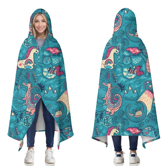 Wearable Blanket,Colorful Fantasy Creatures UFO Pattern Hooded Wearable Sherpa Blanket for Adults & Teens,Winter Poncho Shawl Wrap Cape Thick Warm,50"x60"