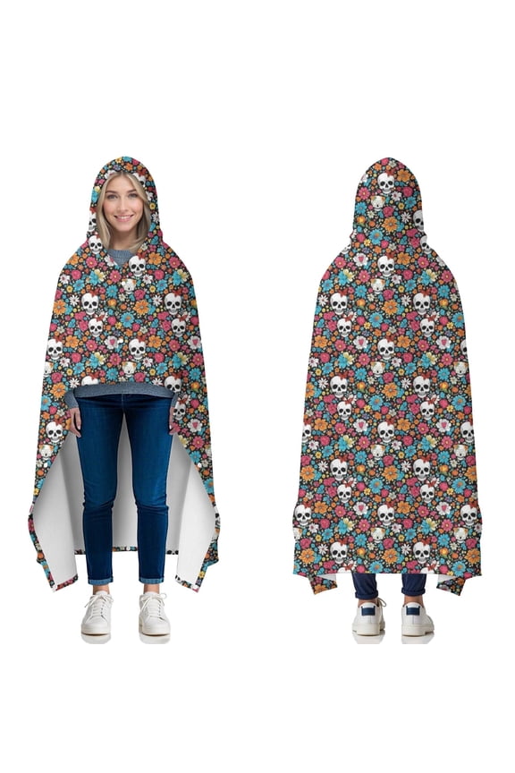 Wearable Blanket,Colorful Floral Skull Pattern Hooded Wearable Flannel Blanket for Adults & Teens with Buckle,Winter Poncho Shawl Wrap Cape,50"x60"