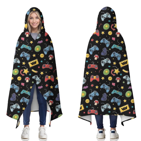 Wearable Blanket,Colorful Games Icon Black Pattern Hooded Wearable Flannel Blanket for Adults & Teens,Winter Poncho Shawl Wrap Cape Cozy Anti-Pill,50"x60"