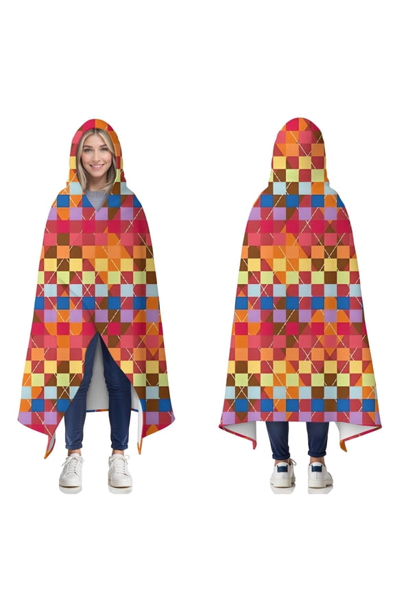 Wearable Blanket,Colorful Geometric Pattern Hooded Wearable Flannel Blanket for Adults & Teens,Winter Poncho Shawl Wrap Cape Cozy Anti-Pill,50"x60"