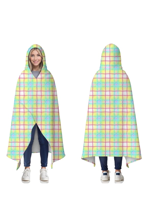 Wearable Blanket,Colorful Grid Checkered Pattern Hooded Wearable Sherpa Blanket for Adults & Teens,Winter Poncho Shawl Wrap Cape Thick Warm,60"x80"
