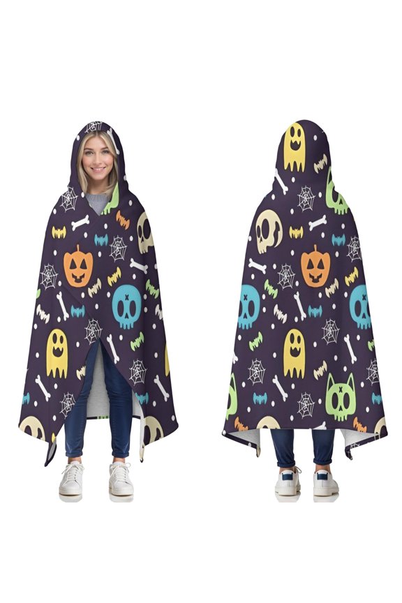 Wearable Blanket,Colorful Halloween Ghosts Skulls and Pumpkins Hooded Wearable Sherpa Blanket for Adults & Teens,Winter Poncho Shawl Wrap Cape Thick Warm,60"x80"