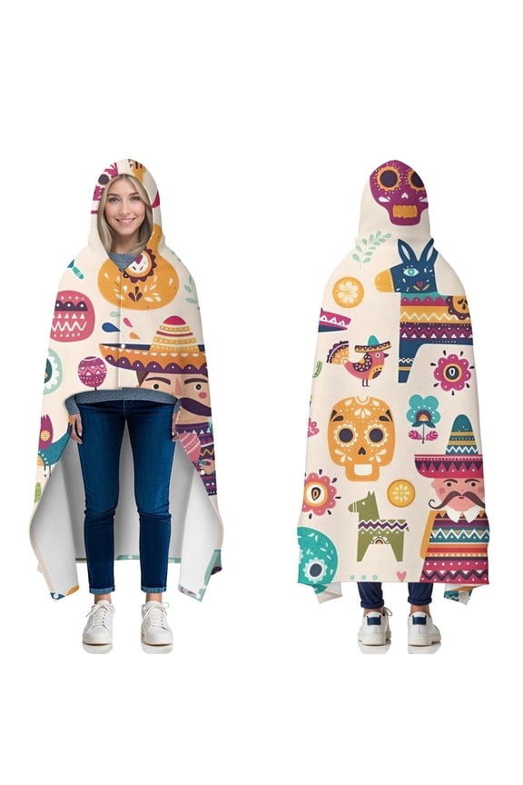 Wearable Blanket,Colorful Mexican Elements Hooded Wearable Flannel Blanket for Adults & Teens with Buckle,Winter Poncho Shawl Wrap Cape,50"x60"