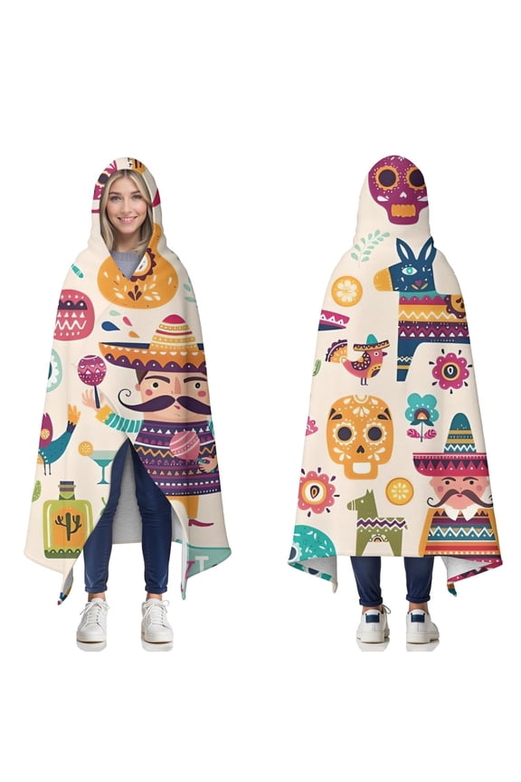 Wearable Blanket,Colorful Mexican Elements Hooded Wearable Sherpa Blanket for Adults & Teens,Winter Poncho Shawl Wrap Cape Thick Warm,50"x60"