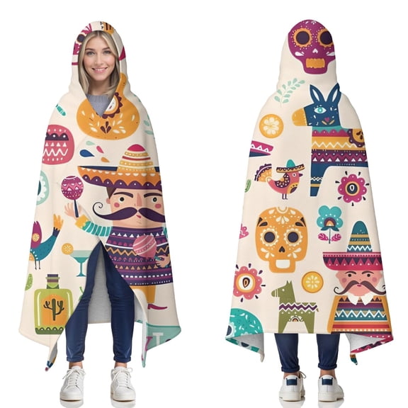 Wearable Blanket,Colorful Mexican Elements Hooded Wearable Sherpa Blanket for Adults & Teens,Winter Poncho Shawl Wrap Cape Thick Warm,60"x80"