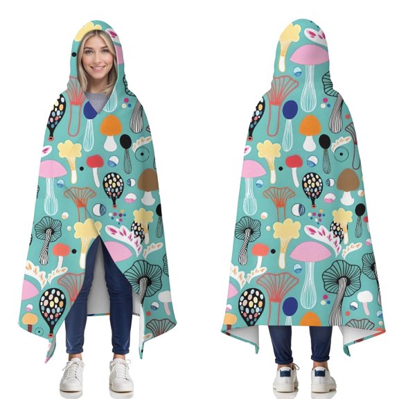 Wearable Blanket,Colorful Mushroom Decor Teal Pattern Hooded Wearable Flannel Blanket for Adults & Teens,Winter Poncho Shawl Wrap Cape Cozy Anti-Pill,60"x80"