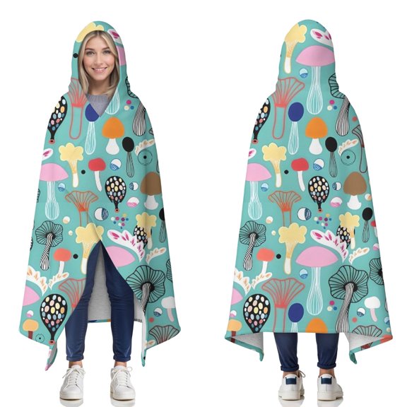 Wearable Blanket,Colorful Mushroom Decor Teal Pattern Hooded Wearable Sherpa Blanket for Adults & Teens,Winter Poncho Shawl Wrap Cape Thick Warm,60"x80"