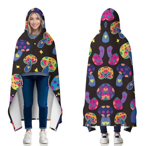 Wearable Blanket,Colorful Psychedelic Mushroom Black Pattern Hooded Wearable Flannel Blanket for Adults & Teens with Buckle,Winter Poncho Shawl Wrap Cape,50"x60"