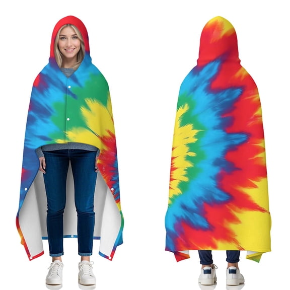 Wearable Blanket,Colorful Rainbow Tie Dye Spiral Pattern Hooded Wearable Flannel Blanket for Adults & Teens with Buckle,Winter Poncho Shawl Wrap Cape,50"x60"