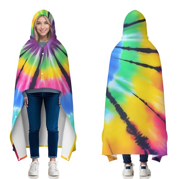 Wearable Blanket,Colorful Rainbow Tie Dye Spiral Pattern Hooded Wearable Flannel Blanket for Adults & Teens with Buckle,Winter Poncho Shawl Wrap Cape,50"x60"