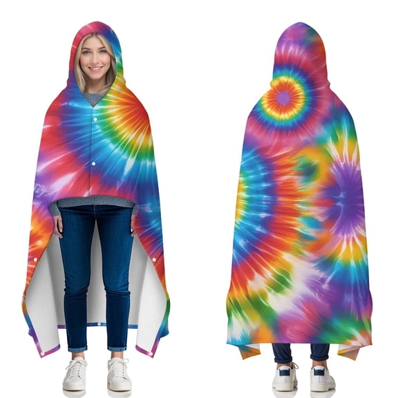 Wearable Blanket,Colorful Rainbow Tie Dye Spiral Pattern Hooded Wearable Flannel Blanket for Adults & Teens with Buckle,Winter Poncho Shawl Wrap Cape,50"x60"