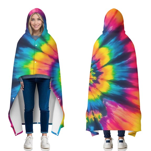 Wearable Blanket,Colorful Rainbow Tie Dye Spiral Pattern Hooded Wearable Flannel Blanket for Adults & Teens with Buckle,Winter Poncho Shawl Wrap Cape,50"x60"