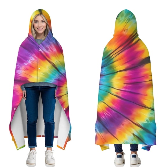 Wearable Blanket,Colorful Rainbow Tie Dye Spiral Pattern Hooded Wearable Flannel Blanket for Adults & Teens with Buckle,Winter Poncho Shawl Wrap Cape,50"x60"