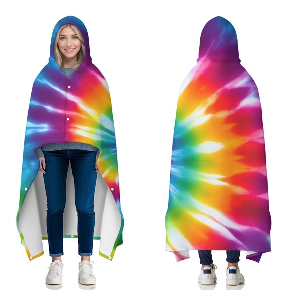 Wearable Blanket,Colorful Rainbow Tie Dye Spiral Pattern Hooded Wearable Flannel Blanket for Adults & Teens with Buckle,Winter Poncho Shawl Wrap Cape,60"x80"