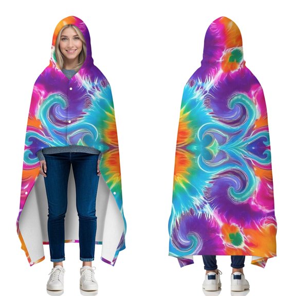 Wearable Blanket,Colorful Rainbow Tie Dye Spiral Pattern Hooded Wearable Flannel Blanket for Adults & Teens with Buckle,Winter Poncho Shawl Wrap Cape,60"x80"