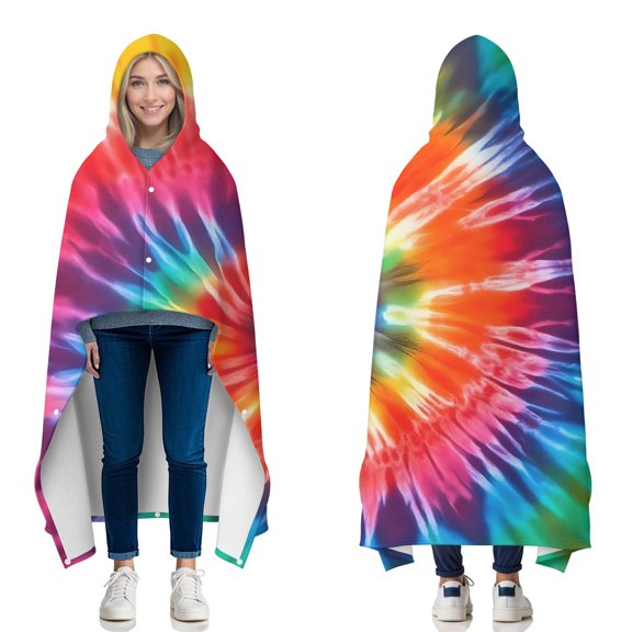Wearable Blanket,Colorful Rainbow Tie Dye Spiral Pattern Hooded Wearable Flannel Blanket for Adults & Teens with Buckle,Winter Poncho Shawl Wrap Cape,60"x80"