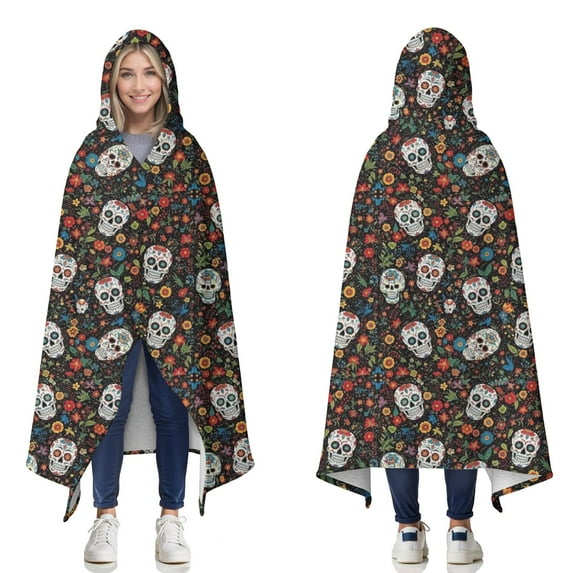 Wearable Blanket,Colorful Skull Flower Pattern Hooded Wearable Sherpa Blanket for Adults & Teens,Winter Poncho Shawl Wrap Cape Thick Warm,60"x80"
