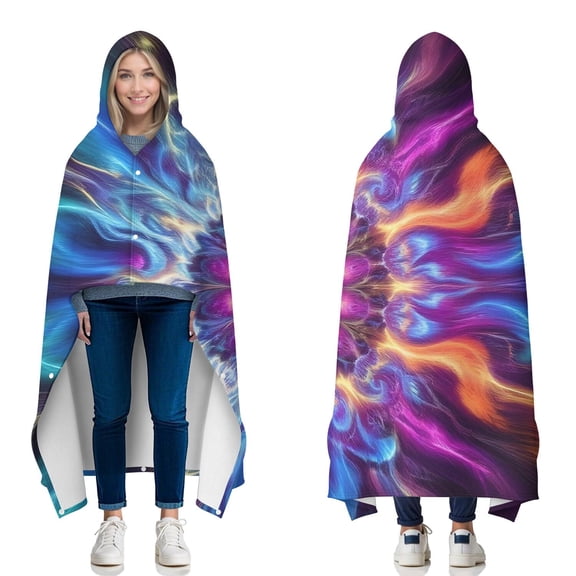 Wearable Blanket,Colorful Tie Dye Flame Flower Pattern Hooded Wearable Flannel Blanket for Adults & Teens with Buckle,Winter Poncho Shawl Wrap Cape,50"x60"