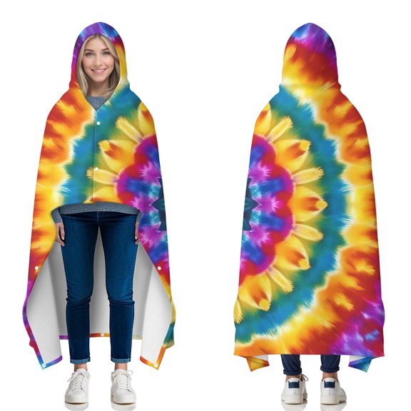 Wearable Blanket,Colorful Tie Dye Layered Mandala Hooded Wearable Flannel Blanket for Adults & Teens with Buckle,Winter Poncho Shawl Wrap Cape,60"x80"