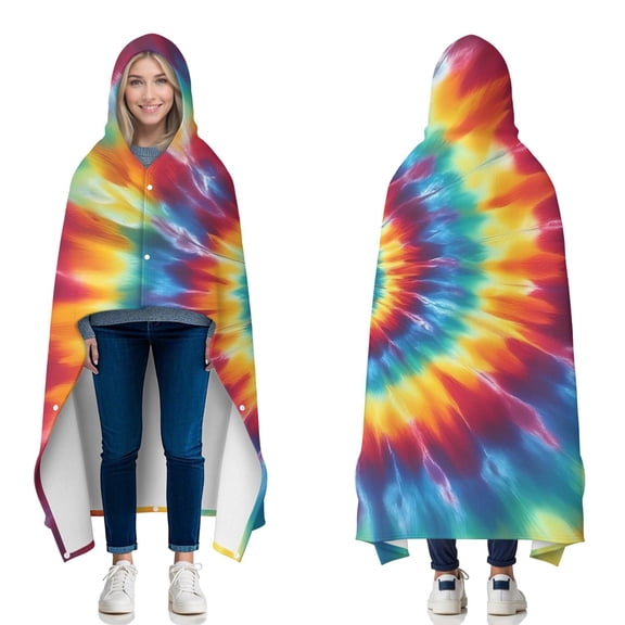 Wearable Blanket,Colorful Tie Dye Mandala Pattern Hooded Wearable Flannel Blanket for Adults & Teens with Buckle,Winter Poncho Shawl Wrap Cape,50"x60"