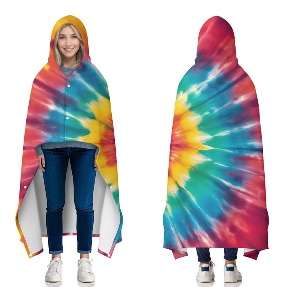 Wearable Blanket,Colorful Tie Dye Mandala Pattern Hooded Wearable Flannel Blanket for Adults & Teens with Buckle,Winter Poncho Shawl Wrap Cape,50"x60"