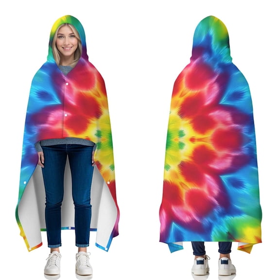 Wearable Blanket,Colorful Tie Dye Mandala Pattern Hooded Wearable Flannel Blanket for Adults & Teens with Buckle,Winter Poncho Shawl Wrap Cape,50"x60"