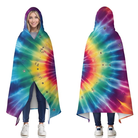 Wearable Blanket,Colorful Tie Dye Mandala Pattern Hooded Wearable Flannel Blanket for Adults & Teens,Winter Poncho Shawl Wrap Cape Cozy Anti-Pill,60"x80"