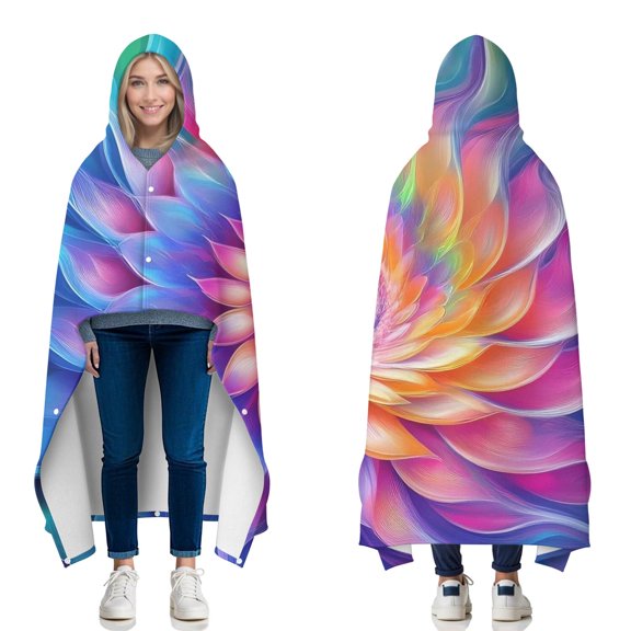 Wearable Blanket,Colorful Tie Dye Spiral - Floral Pattern Hooded Wearable Flannel Blanket for Adults & Teens with Buckle,Winter Poncho Shawl Wrap Cape,50"x60"