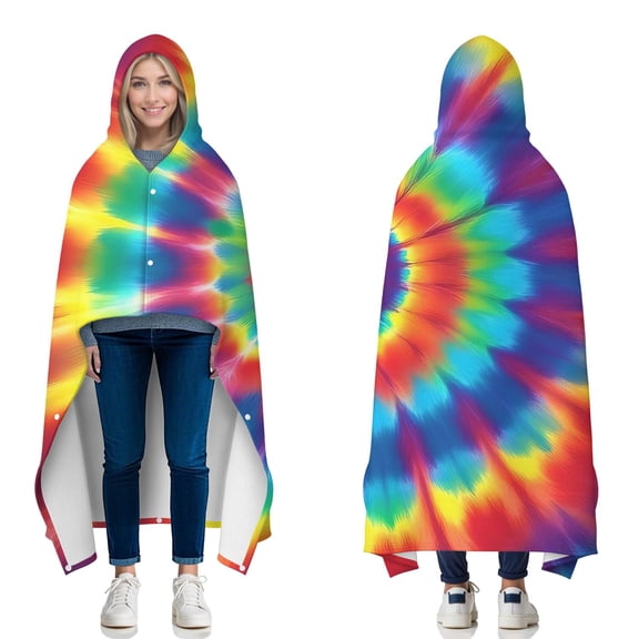 Wearable Blanket,Colorful Tie Dye Star Mandala Pattern Hooded Wearable Flannel Blanket for Adults & Teens with Buckle,Winter Poncho Shawl Wrap Cape,50"x60"