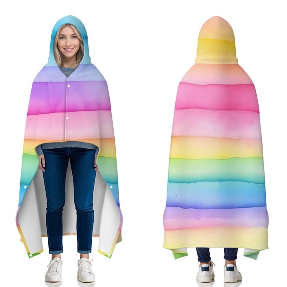 Wearable Blanket,Colorful Watercolor Stripe Pattern Hooded Wearable Flannel Blanket for Adults & Teens with Buckle,Winter Poncho Shawl Wrap Cape,50"x60"