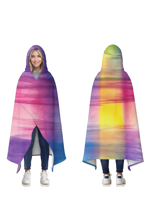 Wearable Blanket,Colorful Watercolor Stripe Pattern Hooded Wearable Sherpa Blanket for Adults & Teens,Winter Poncho Shawl Wrap Cape Thick Warm,60"x80"