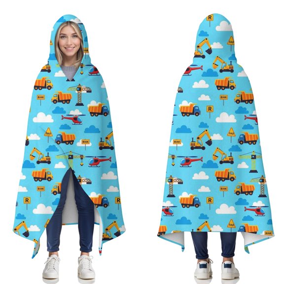 Wearable Blanket,Construction Vehicles Helicopters Blue Pattern Hooded Wearable Flannel Blanket for Adults & Teens,Winter Poncho Shawl Wrap Cape Cozy Anti-Pill,50"x60"