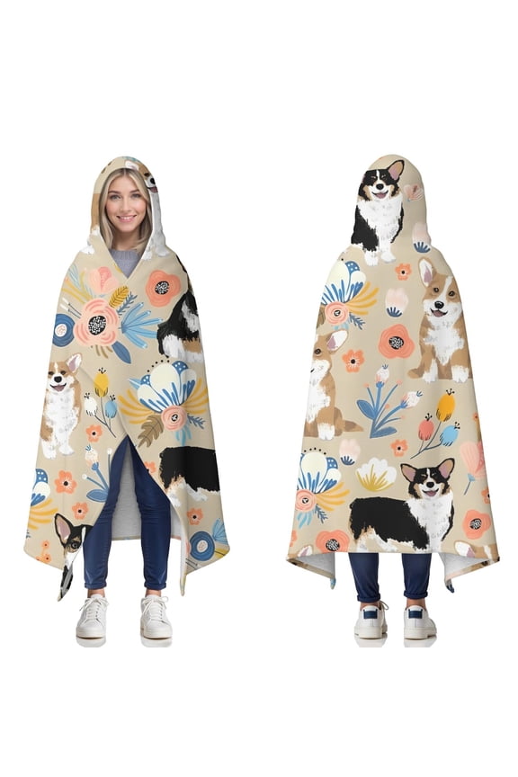 Wearable Blanket,Corgi Dog and Flower Florals Hooded Wearable Sherpa Blanket for Adults & Teens,Winter Poncho Shawl Wrap Cape Thick Warm,50"x60"