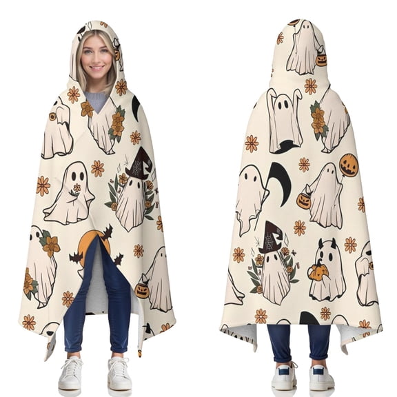 Wearable Blanket,Costumed Ghost Halloween Pattern Hooded Wearable Sherpa Blanket for Adults & Teens,Winter Poncho Shawl Wrap Cape Thick Warm,50"x60"
